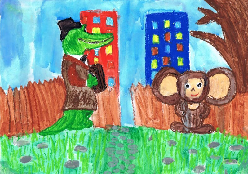 Illustration to the animated film Gena`s Crocodile. Children`s drawing.  vector illustration