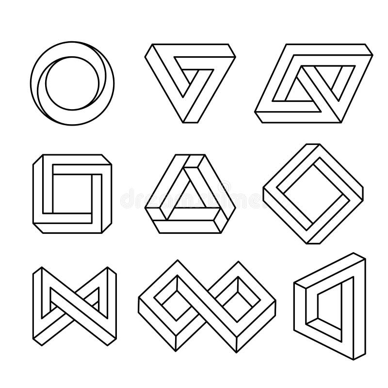 Impossible signs set outline. Linear infinite shapes. Impossible geometric figures. Optical illusion. Triangle, Infinity stock illustration
