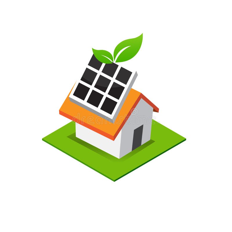 Isometric house with solar cell power on roof, eco home icon vector illustration stock illustration
