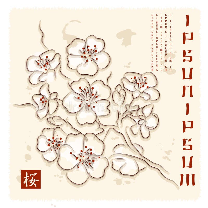 Japan Cherry Blossom. Invitation card with Japan Cherry blossom drawn in watercolor style with text samples. Free font used stock illustration