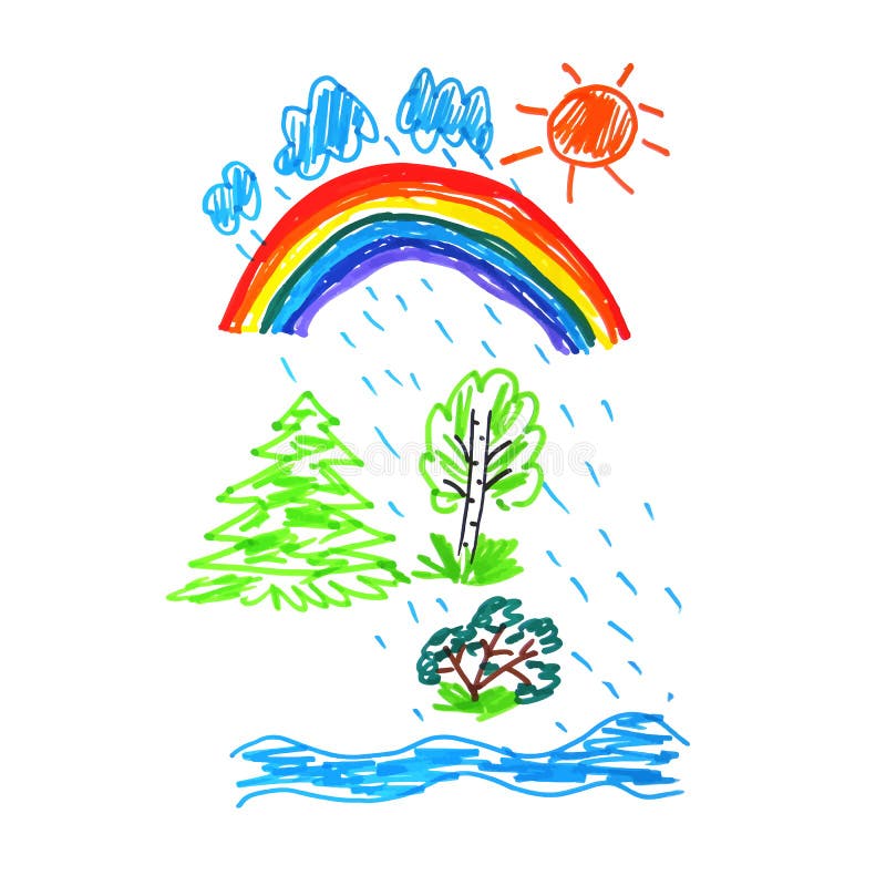 Kid doodle of summer raining day with rainbow - landscape with trees and river isolated on white background. vector illustration