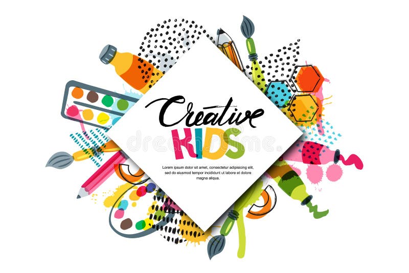 Kids art craft, education, creativity class. Vector banner, poster with white square paper background and lettering stock illustration