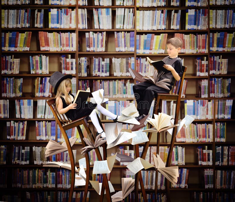 Kids Reading Books in Fantasy Library stock image