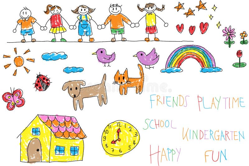 Kindergarten children doodle pencil and crayon color drawing of stock illustration Kindergarten children doodle pencil and crayon color drawing of stock illustration