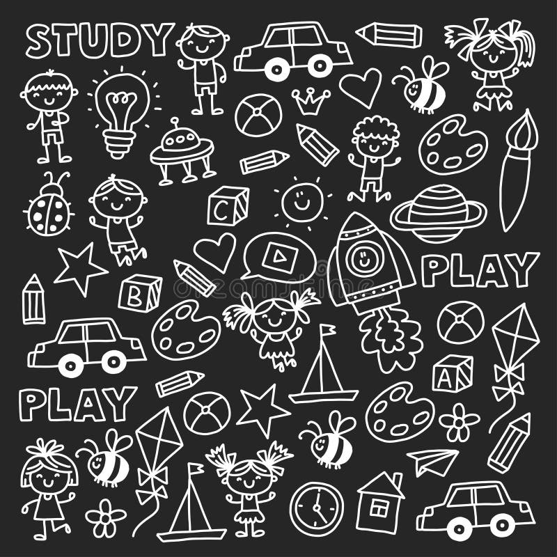 Kindergarten Nursery Preschool School education with children Doodle pattern Play and study Boys and girls kids drawing stock illustration Kindergarten Nursery Preschool School education with children Doodle pattern Play and study Boys and girls kids drawing stock illustration