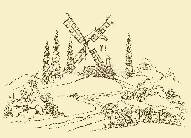 Landscape with a Mill vector illustration