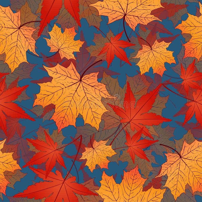 . Leaf seamless pattern, vector background. Autumn yellow and red leaves on a blue . For the design of wallpaper, fabric vector illustration