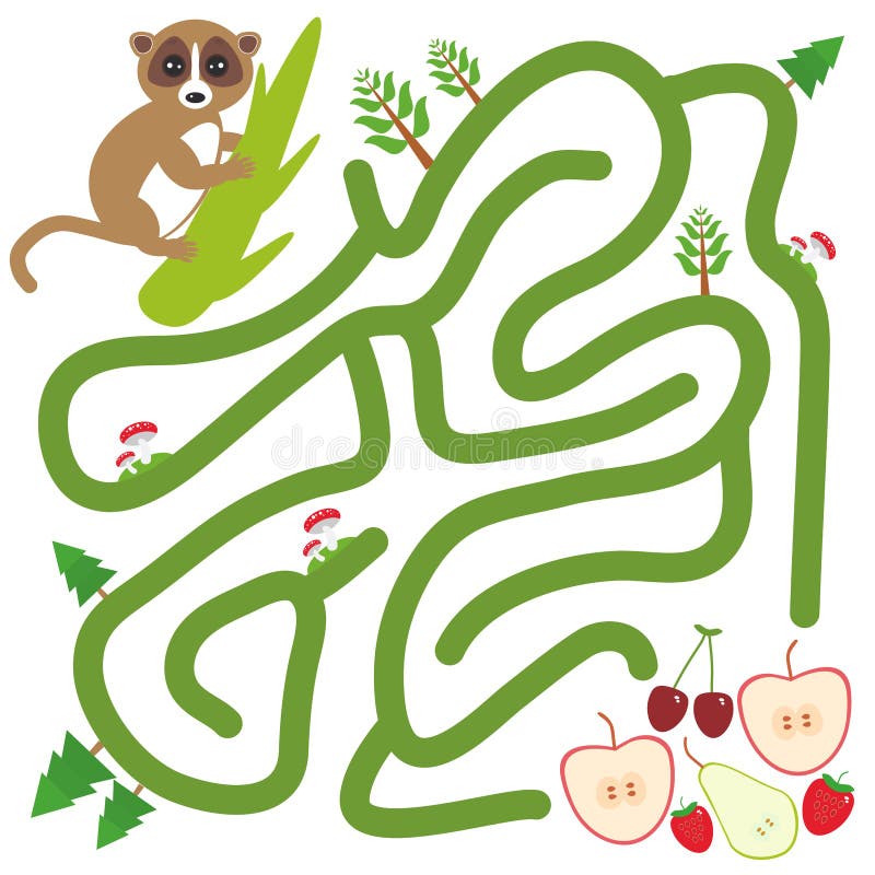 Lemur on the branch and the apple pear strawberry cherry on white background labyrinth game for Preschool Children. Vector royalty free illustration