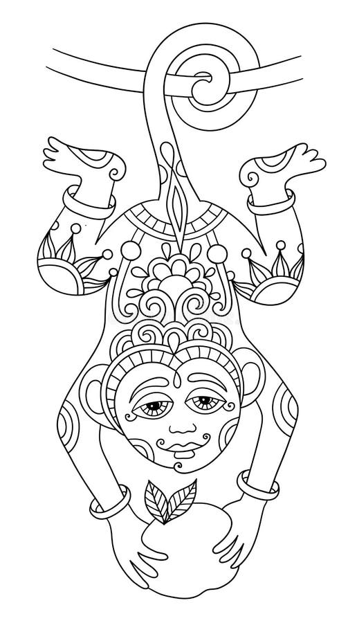 Line art drawing of ethnic monkey in decorative. Ukrainian style, black and white vector illustration royalty free illustration