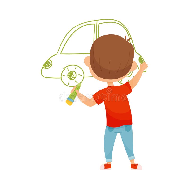 Little Boy Drawing Car with Pencil on the Wall Vector Illustration. Artistic Recreation for Children Concept stock illustration