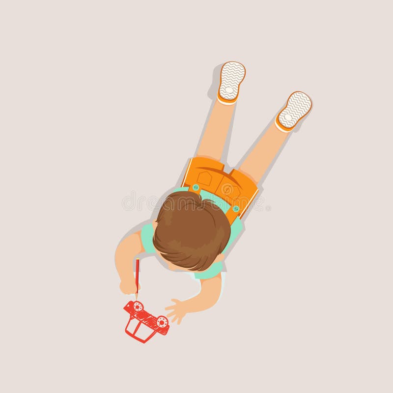 Little boy lying on his stomach and drawing a car using red pencil, top view of child on the floor. Vector Illustration stock illustration