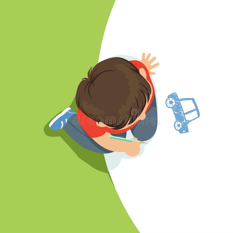 Little boy sitting on his knees and drawing a car using blue pencil, top view of child on the floor. Vector Illustration royalty free illustration