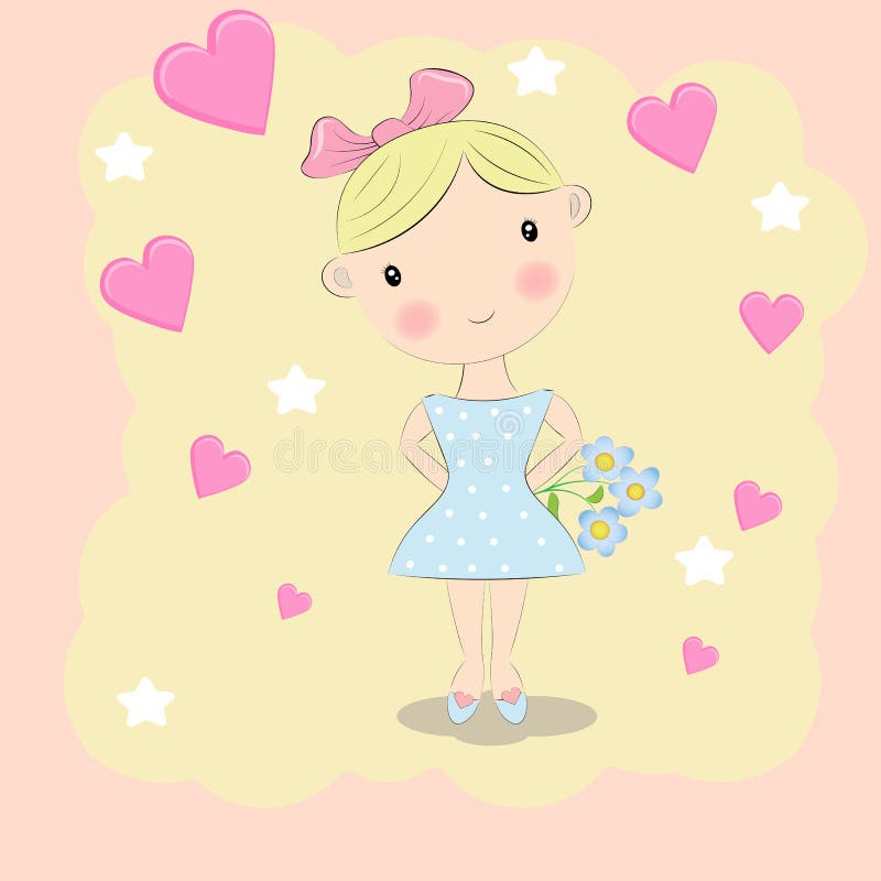 Little girl with a bouquet of flowers for mom. Little romantic girl, illustration princess girl vector illustration