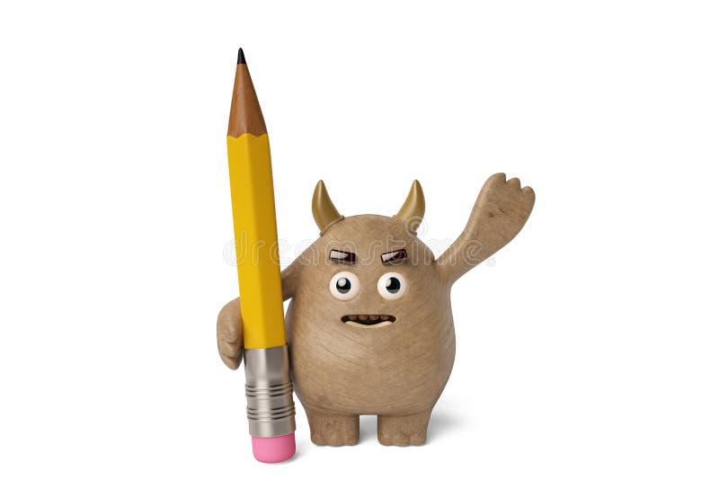 Little wooden monster with a pencil. 3D illustration. royalty free illustration