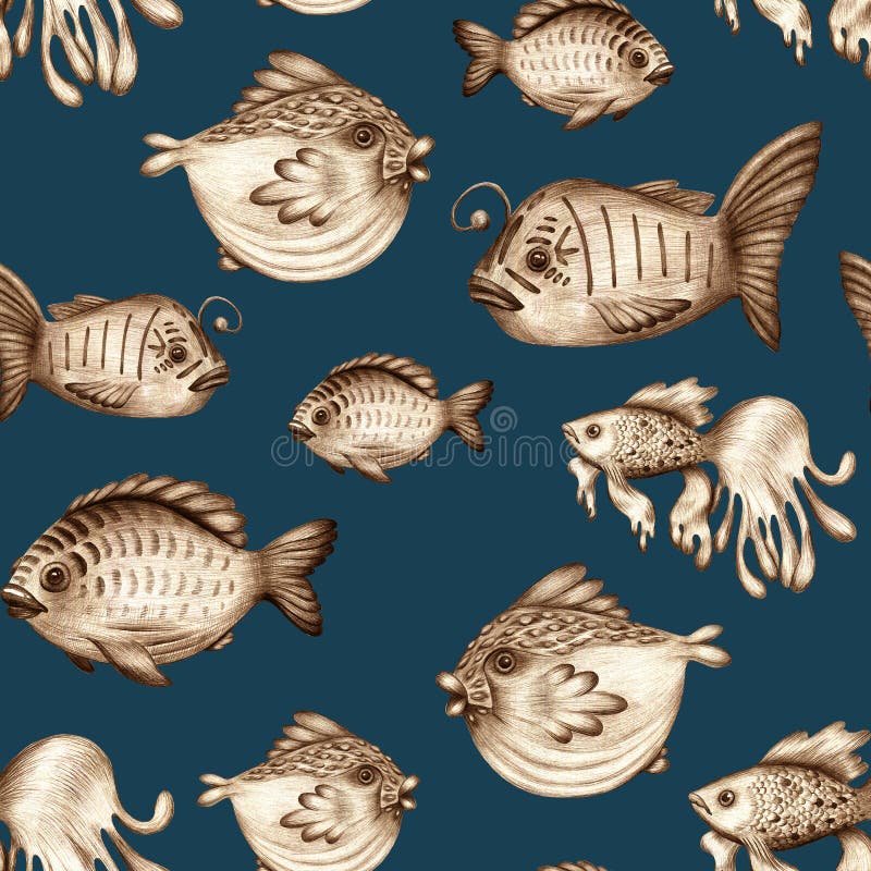 Magic fish pencil drawn seamless pattern. Marine inhabitants underwater. Fabulous print for textiles. Handmade. Magic fish pencil drawn seamless pattern. Marine vector illustration