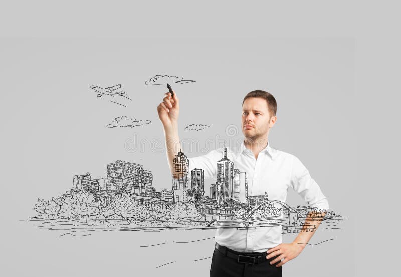 Man drawing city. Man drawing abstract city of the future stock photos Man drawing city. Man drawing abstract city of the future stock photos