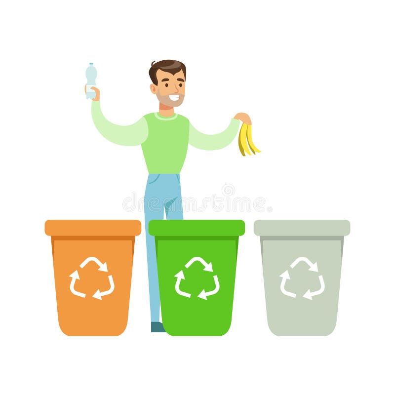 Man Throwing Banana Skin In One Of Three Recycling Waste Bins , Contributing Into Environment Preservation By Using Eco. Friendly Ways Illustration. Part Of stock illustration