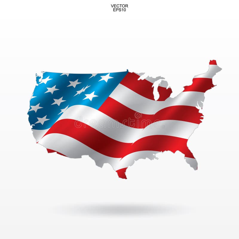 Map of the USA with american flag pattern and waving. Outline of `United States of America` map on white background. royalty free illustration
