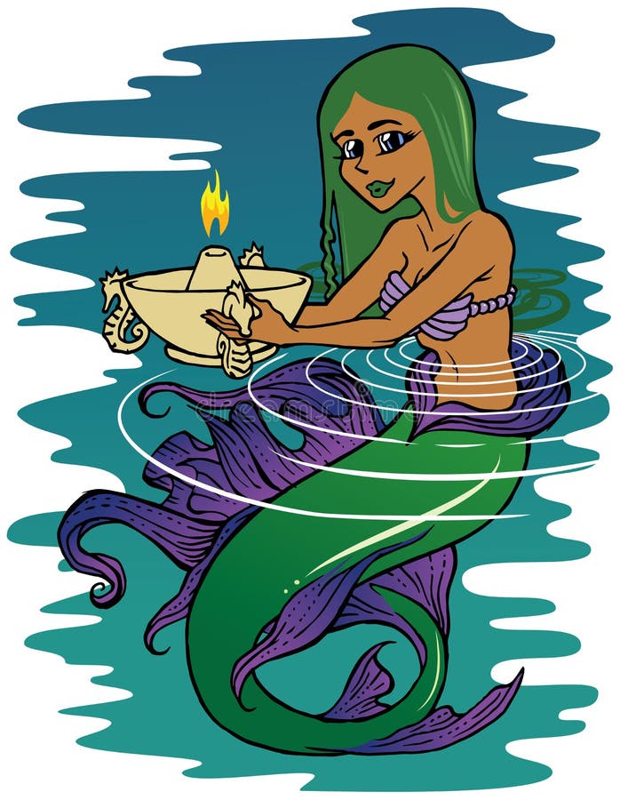 Mermaid holding volcano bowl alchoholic drink in the ocean illustration drawing. Mermaid holding volcano bowl alchoholic drink in the ocean sea illustration royalty free illustration