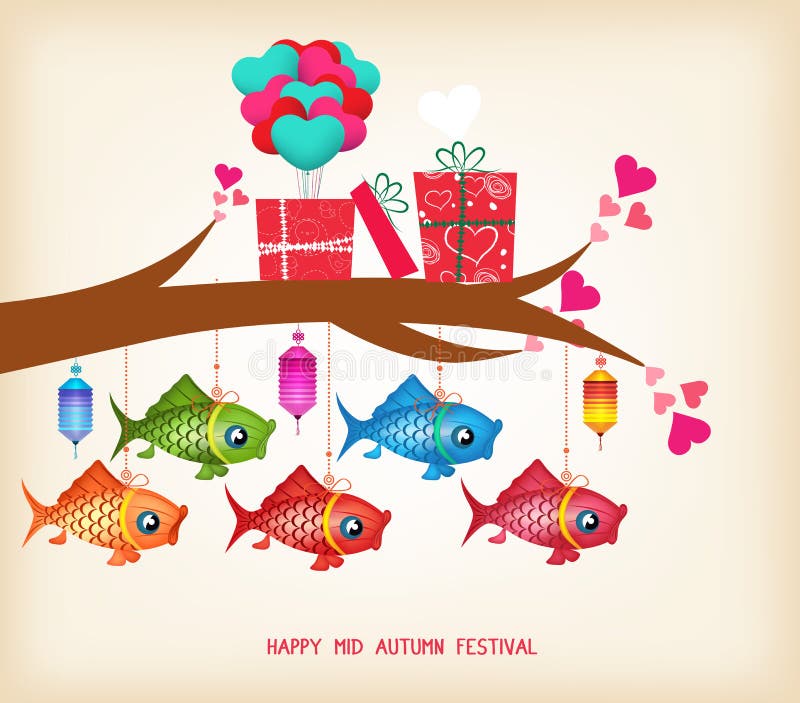 Mid autumn festival day greeting card with gifts and lanterns.  royalty free illustration