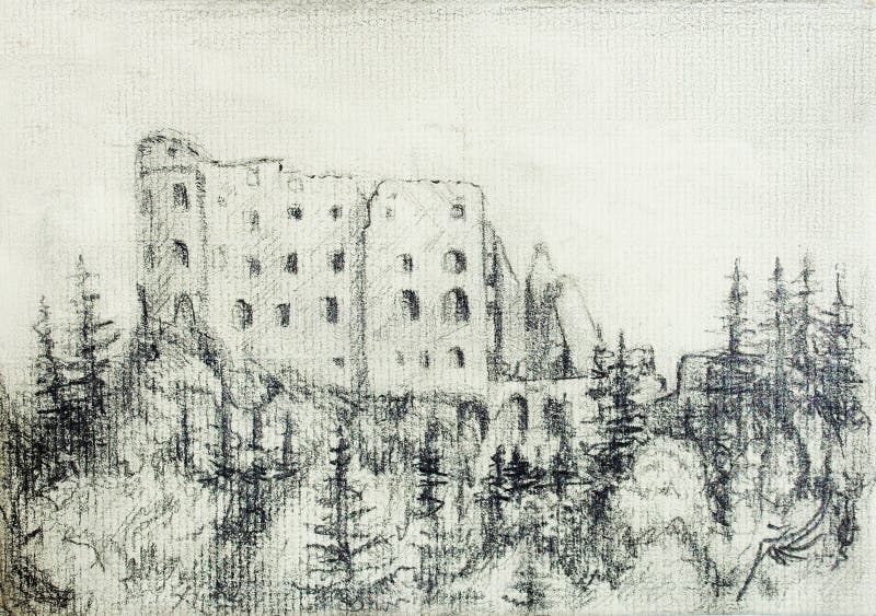 Middle castle pencil drawing in forest, on old paper.  stock illustration