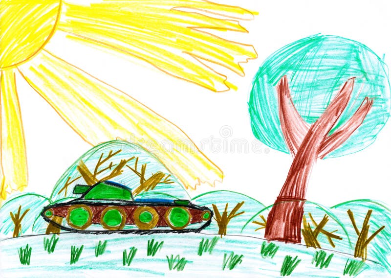 Military tank in the meadow child drawing. Military tank in the meadow. child drawing stock illustration