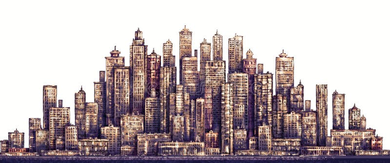 Modern City skyline, highly detailed hand drawn illustration. With architecture, skyscrapers, megapolis buildings downtown stock illustration