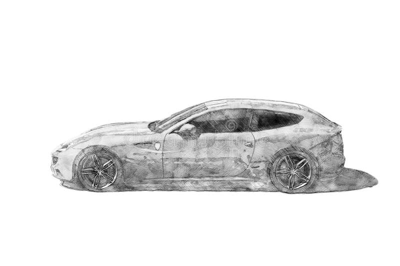 Modern sports car - Pencil sketch drawing - Isolated side view - Creative illustration. A pencil sketch drawing illustration of a modern sports car, isolated stock illustration