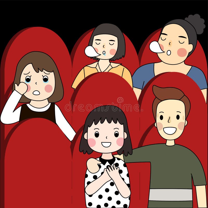 Mood of people who watch movie at the theater. Cartoon of mood of people who watch movie at the theater. Simple cute hand draw line vector and minimal icons flat stock illustration
