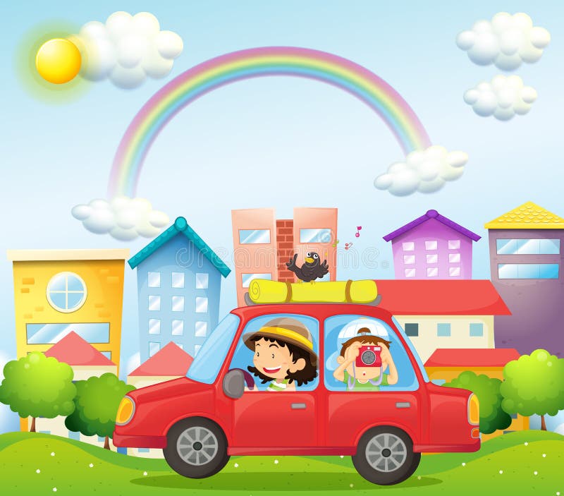 A mother and child in a car with a bird vector illustration