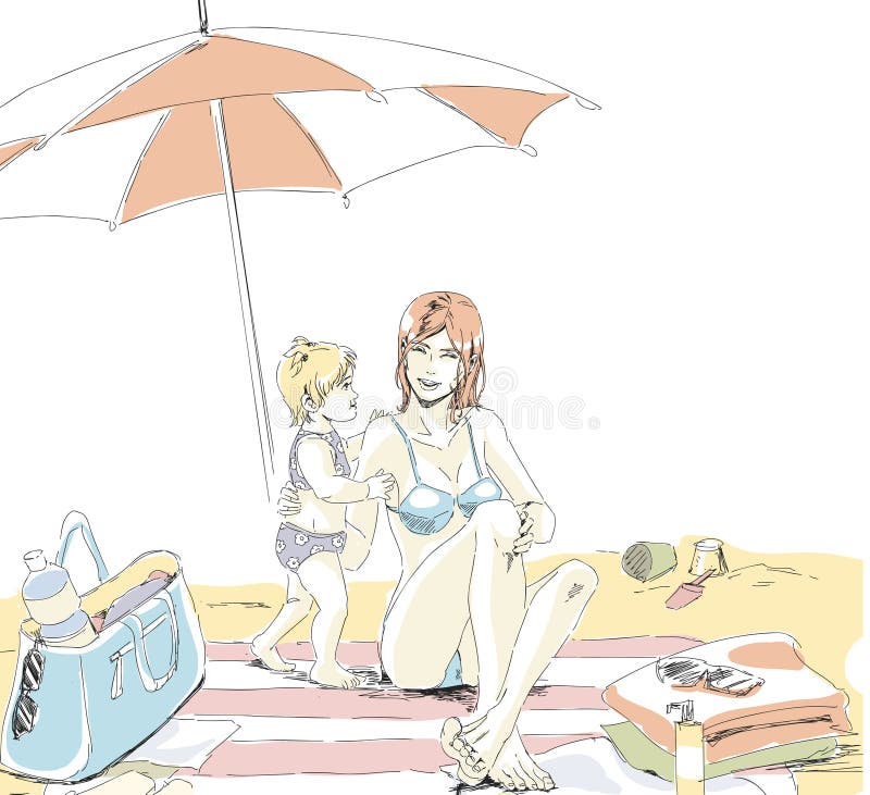 Happy mom and child sit on a sand beach on vacation. Mother and her little child have a rest on a sand beach. Mom and girl seems happy, sitting on beach mat vector illustration