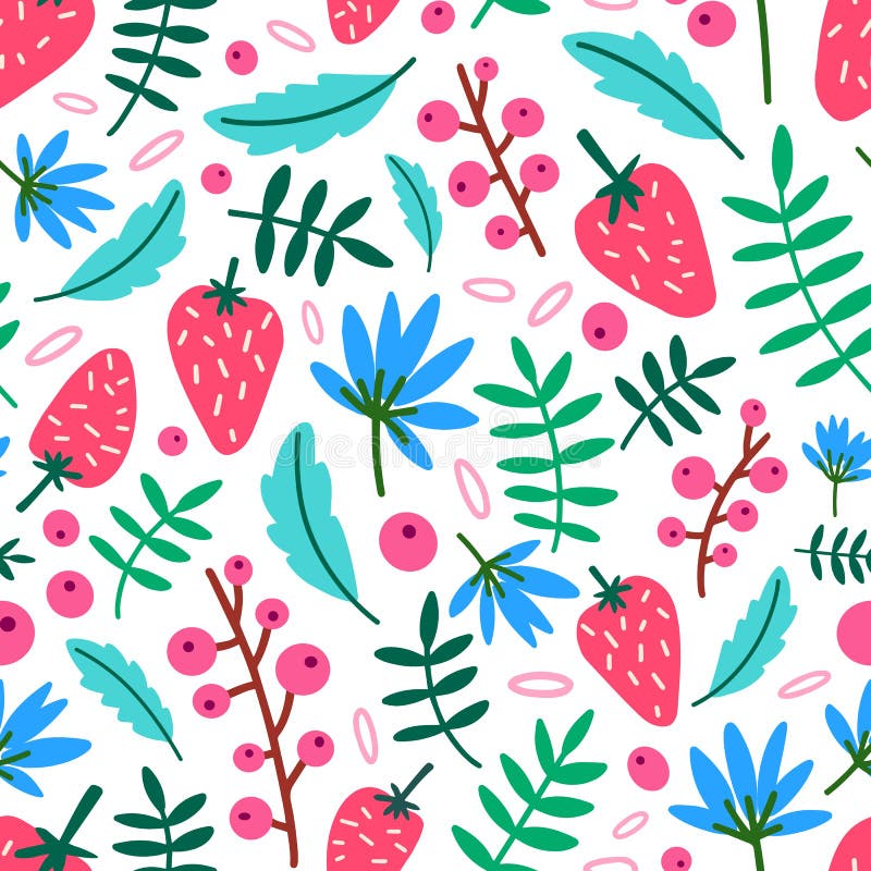 Motley seamless pattern with summer strawberries, flowers and leaves on white background. Botanical backdrop with ripe stock illustration