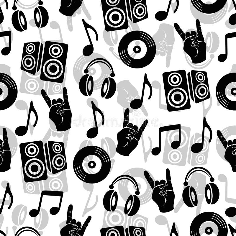 Musical vector background, music accessories seamless pattern. Silhouette drawing black and white headphones, disk CD, plate, lou stock illustration