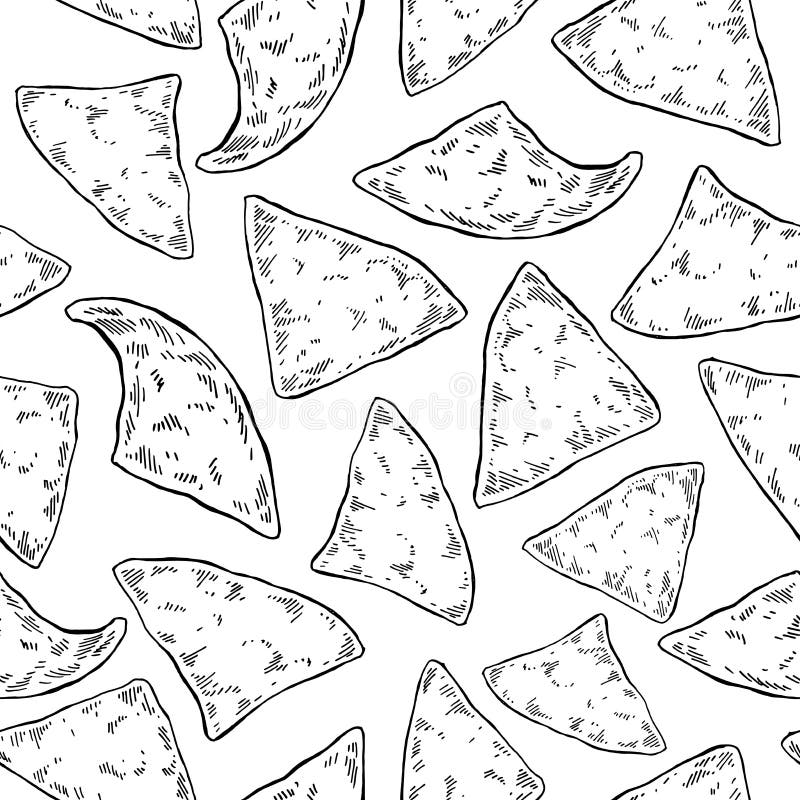 Nachos drawing. Seamless pattern. Traditional mexican food vector background. stock illustration