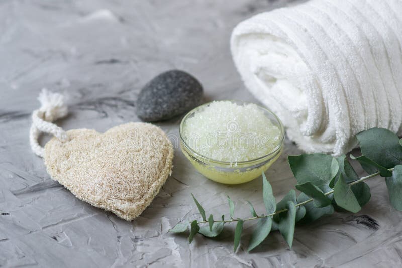 Natural Ingredients Homemade Body Sea Salt Scrub with Olive Oil White Towel Beauty Concept Skincare royalty free stock images Natural Ingredients Homemade Body Sea Salt Scrub with Olive Oil White Towel Beauty Concept Skincare royalty free stock images