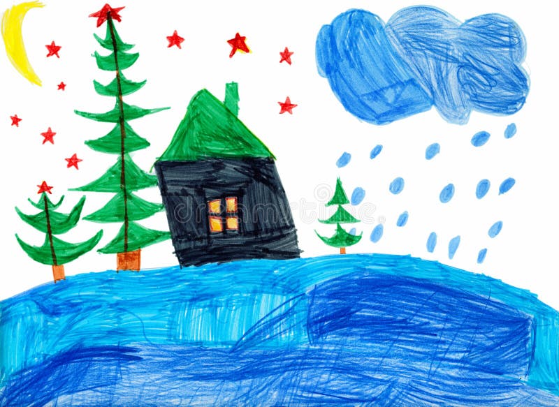 Night in forest. children drawing stock illustration Night in forest. children drawing stock illustration