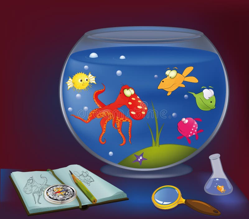 Octopus, an aquarium. And small fishes vector illustration