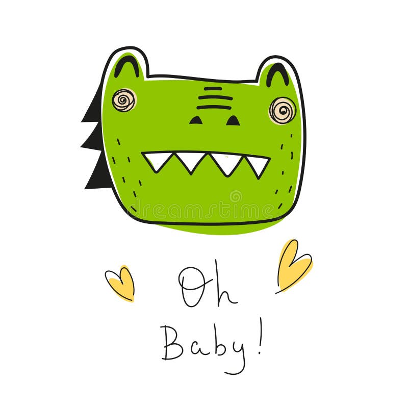 Oh baby. Cartoon  crocodile, with drawing lettering, decor elements. Flat simple colorful vector for kids. Baby design for card, print for t-shirt stock illustration