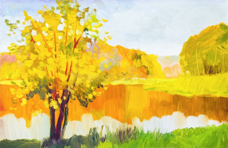 Oil painting colorful autumn trees. Semi abstract image of forest, aspen trees with yellow - red leaf and lake. Autumn, Fall seaso. N nature background. Hand royalty free illustration Oil painting colorful autumn trees. Semi abstract image of forest, aspen trees with yellow - red leaf and lake. Autumn, Fall seaso. N nature background. Hand royalty free illustration