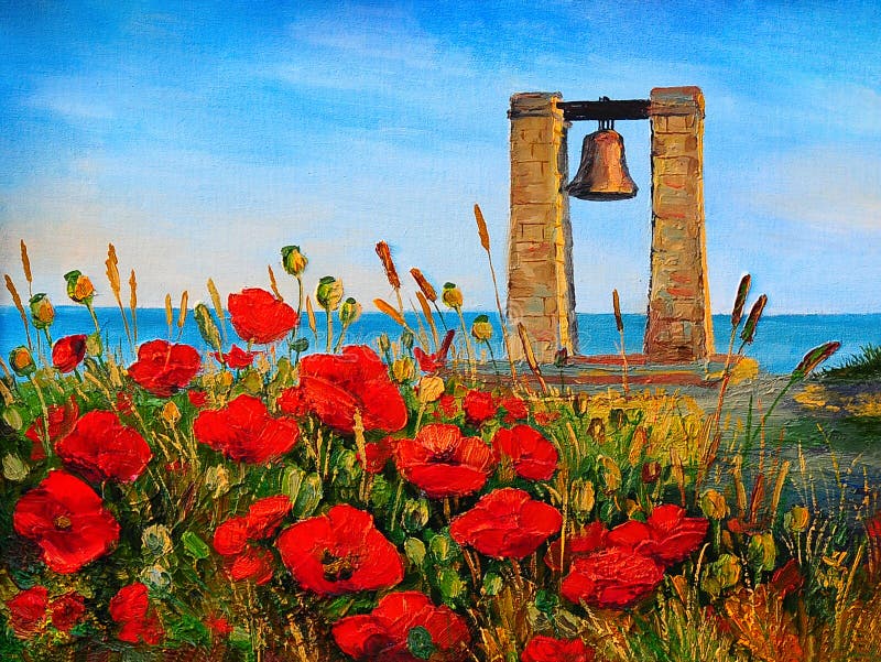 Oil painting landscape - poppies near the sea, bell at sunset. stock illustration