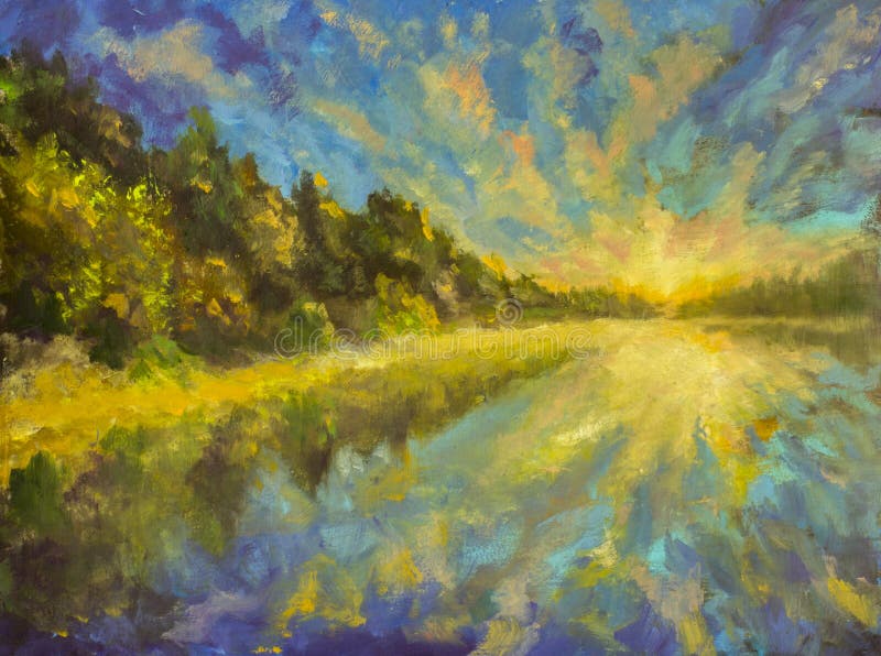 Oil painting landscape - Sunset dawn over lake water river sea. The rays of sun reflected in water. Green Forest royalty free illustration