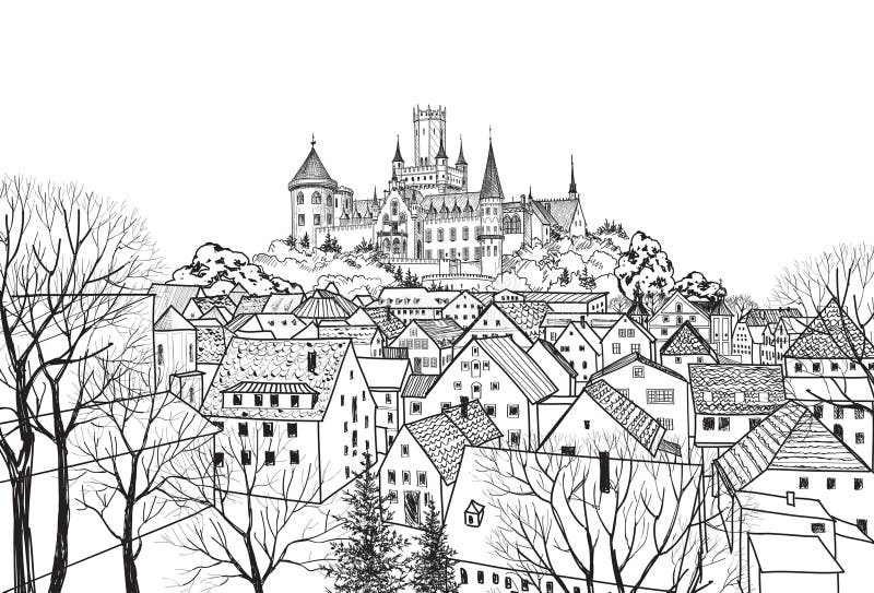 Old city view with buildings and castle on background. Medieval. Old city view with castle on background. Medieval european castle landscape. Pencil drawn sketch royalty free illustration