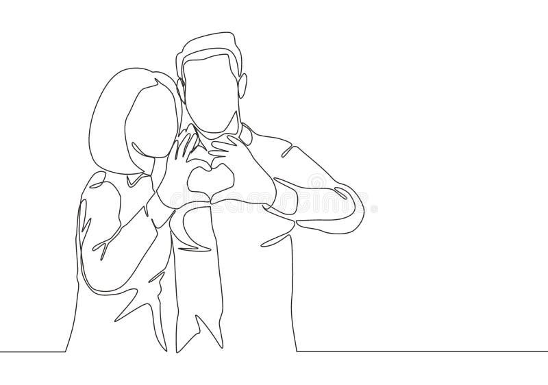 One continuous line drawing of young happy man and woman couple hands forming heart shape together. Romantic engaged anniversary. Concept single line draw vector illustration One continuous line drawing of young happy man and woman couple hands forming heart shape together. Romantic engaged anniversary. Concept single line draw vector illustration