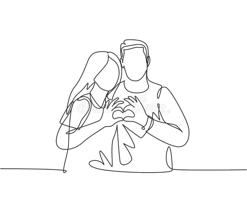 One continuous line drawing of young happy man and woman couple hands forming heart shape together. Romantic engaged anniversary. Concept. Modern single line vector illustration One continuous line drawing of young happy man and woman couple hands forming heart shape together. Romantic engaged anniversary. Concept. Modern single line vector illustration