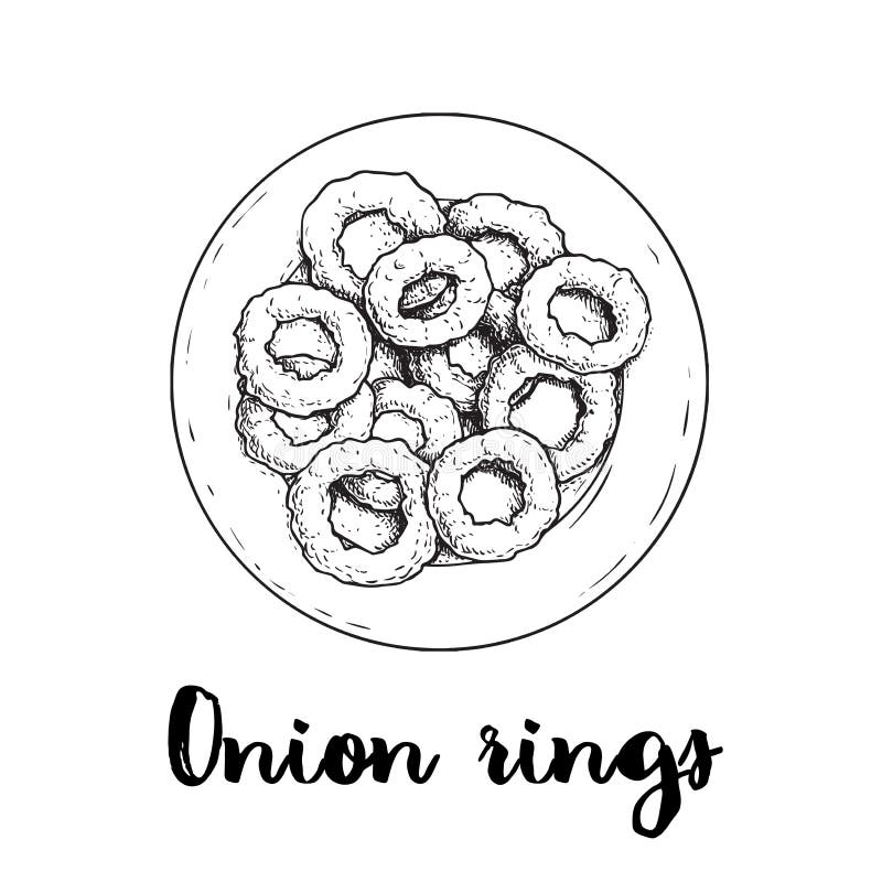 Onion rings on round white plate. Top view. Sketch drawing. Hand drawn fried snack. Street fast food vector illustration. royalty free illustration