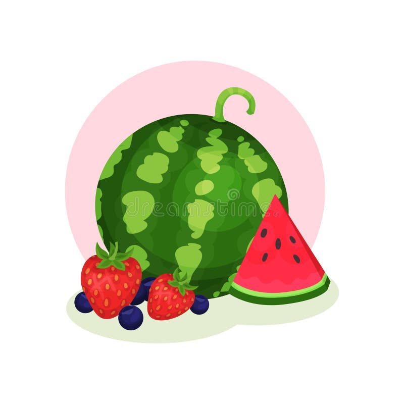 Organic summer products. Ripe watermelon, strawberry and blueberry. Sweet and tasty berries. Healthy food. Flat vector vector illustration