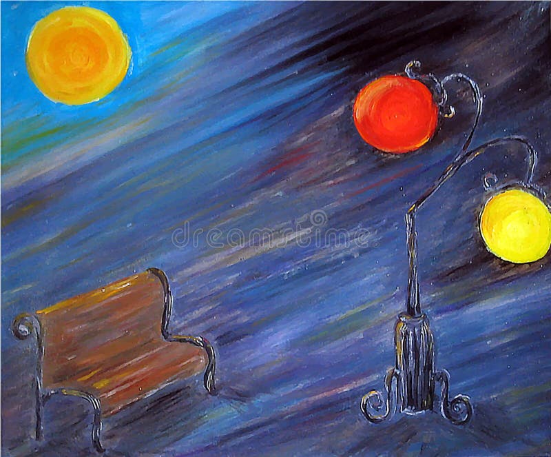 Painted abstract night city with bench and lamps. Blue, violet, and black night sky, big yellow and orange moon, brown wooden bench, metal retro red and yellow royalty free illustration Painted abstract night city with bench and lamps. Blue, violet, and black night sky, big yellow and orange moon, brown wooden bench, metal retro red and yellow royalty free illustration