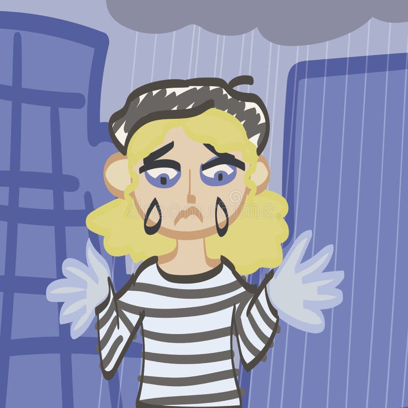 Painted cartoon sad girl mime weeping in the rain against a blue city. Painted cartoon sad girl mime weeping in the rain against a blue painted city royalty free illustration Painted cartoon sad girl mime weeping in the rain against a blue city. Painted cartoon sad girl mime weeping in the rain against a blue painted city royalty free illustration