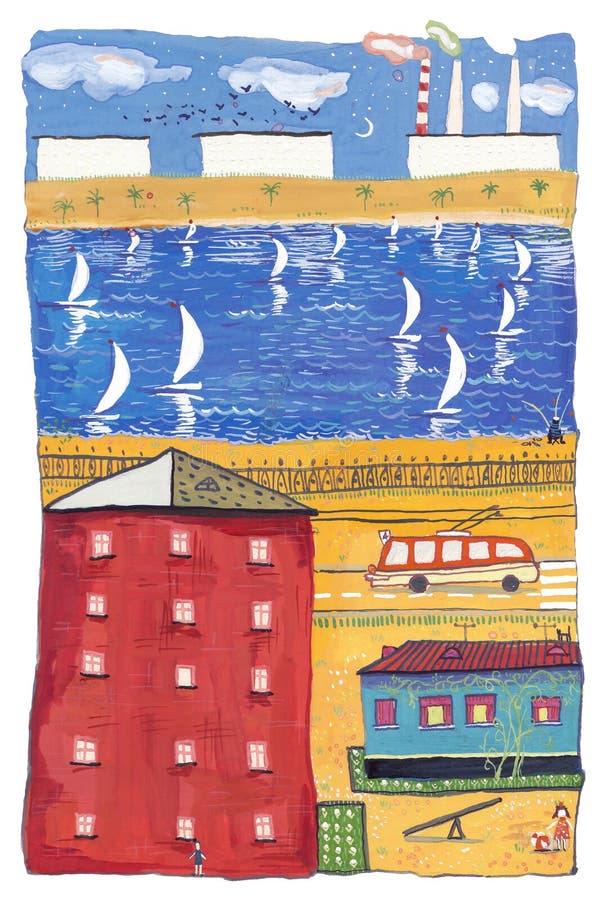 Painted colorful city - drawing gouache. Dnepropetrovsk stock illustration Painted colorful city - drawing gouache. Dnepropetrovsk stock illustration