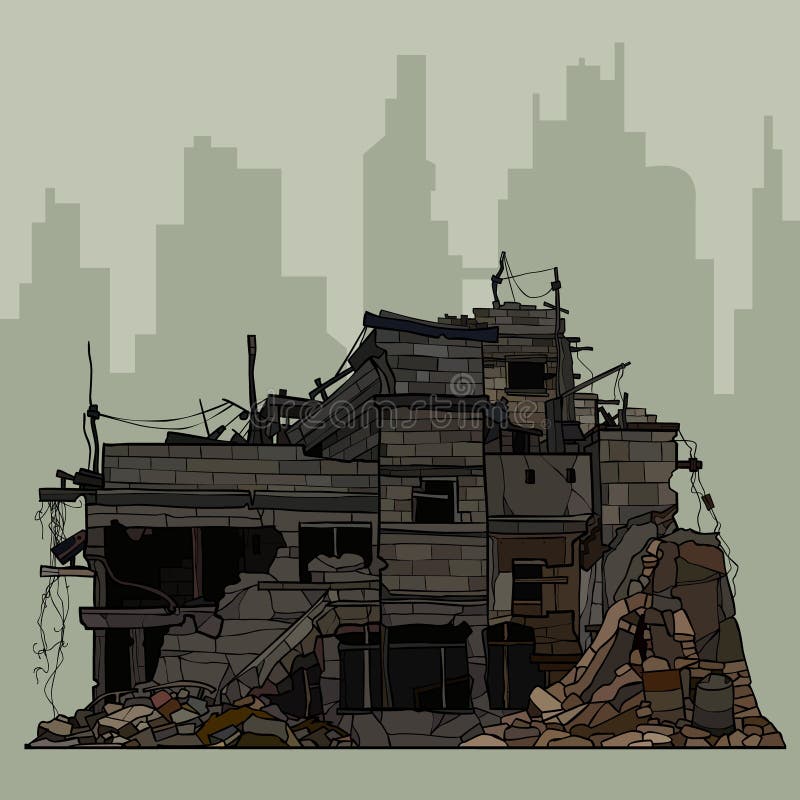 Painted ruins of a brick gray building against the background of the silhouette of the city. Painted ruins of brick gray building against the background of the stock illustration Painted ruins of a brick gray building against the background of the silhouette of the city. Painted ruins of brick gray building against the background of the stock illustration